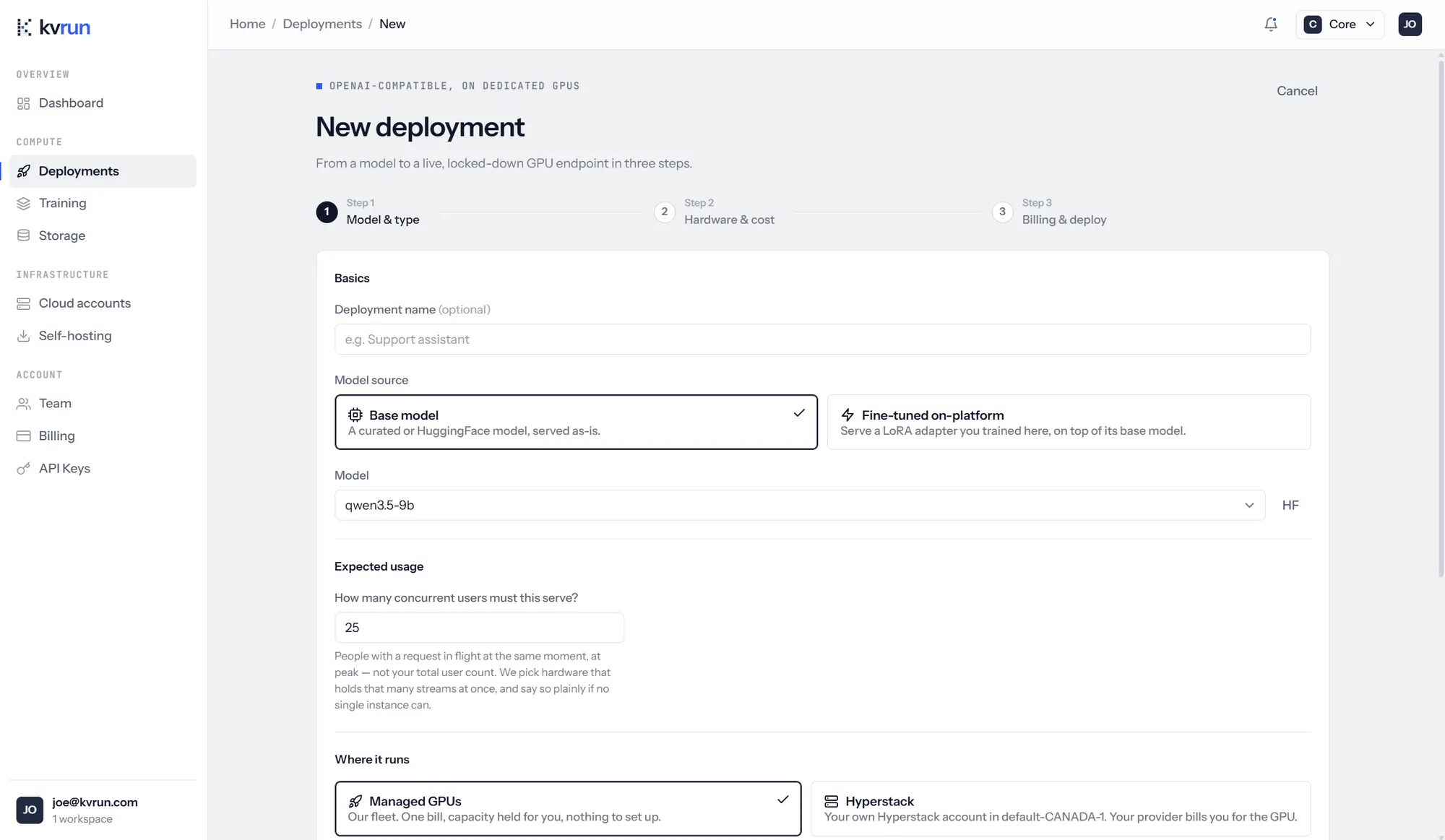 Step 1 of the new deployment wizard, Model and type. Under Basics sit an optional deployment name and a model source choice: Base model, selected, described as a curated or HuggingFace model served as-is, beside Fine-tuned on-platform, which serves a LoRA adapter you trained here on top of its base model. The model dropdown reads qwen3.5-9b. Under Expected usage, a field asks how many concurrent users this must serve, set to 25, explained as people with a request in flight at the same moment rather than a total user count. Under Where it runs, Managed GPUs is selected, described as our fleet, one bill, nothing to set up, beside a connected Hyperstack account that bills the customer for the GPU.